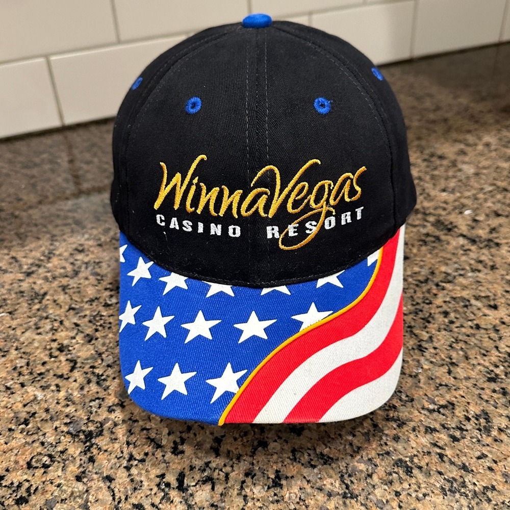 Vtg WinnaVegas Casino Resort OTTO Hat One Size Adjustable American Flag Black